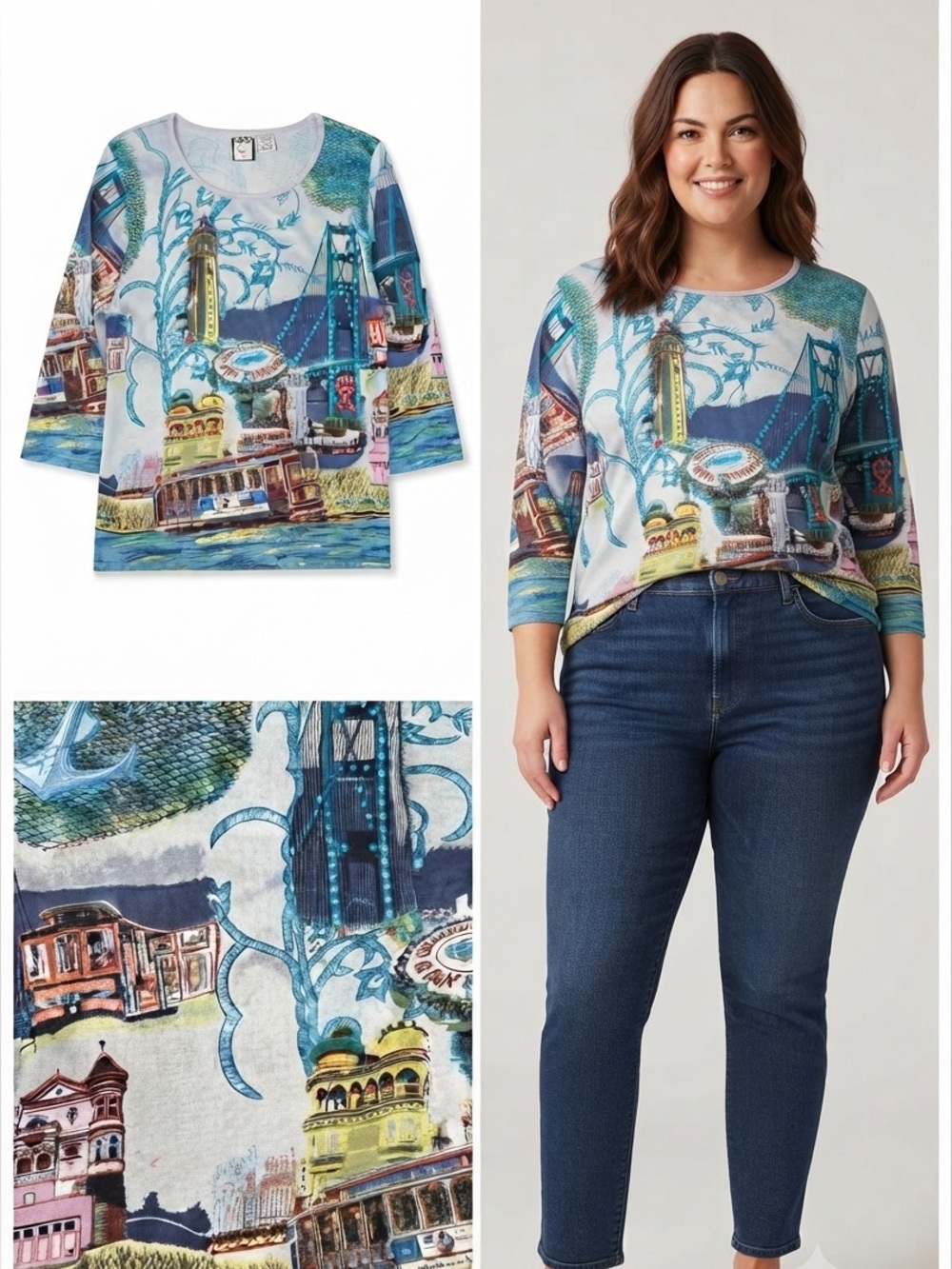 Vintage Take Two Shirt Women San Francisco Beaded Sequin 3/4 Sleeve Top XL Boho